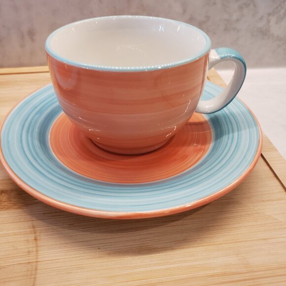 Rialto Genuine Stoneware 2 pink and blue coffee tea mugs with saucers - Picture 7 of 8